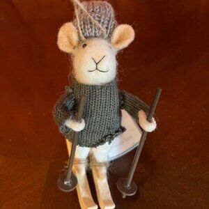 Felted Mouse Christmas Ornament On Skis With Knit Sweater & Hat By Silver Tree